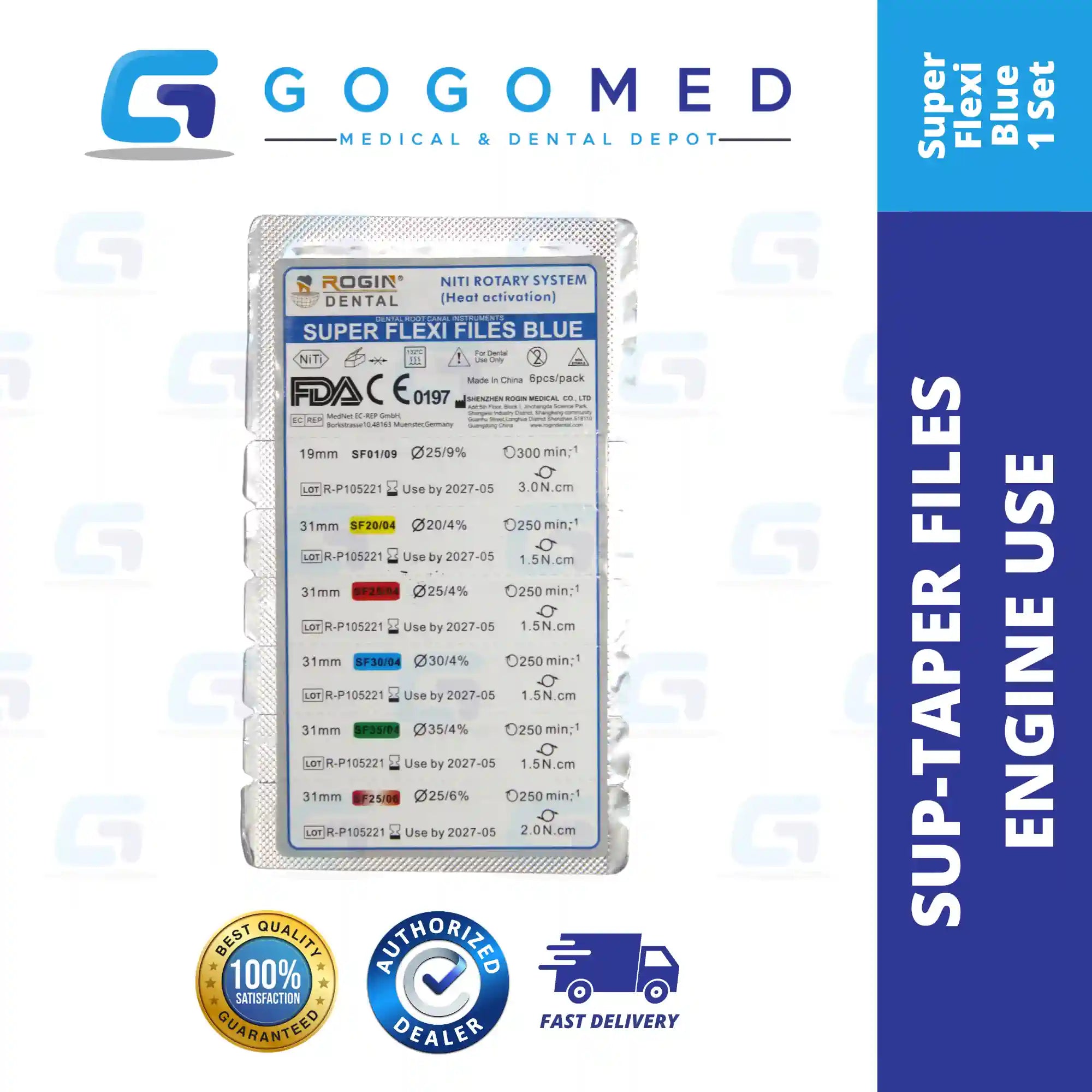 Blue Super Flexi Files 6pcs Assorted Engine Use Niti Size 19-25mm (ROTARY FILES - FLEXIBLE)