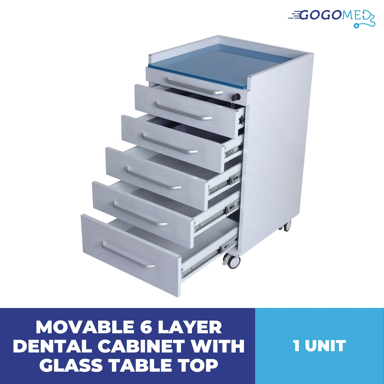Movable 6 Layer Dental Cabinet with Glass Table Top