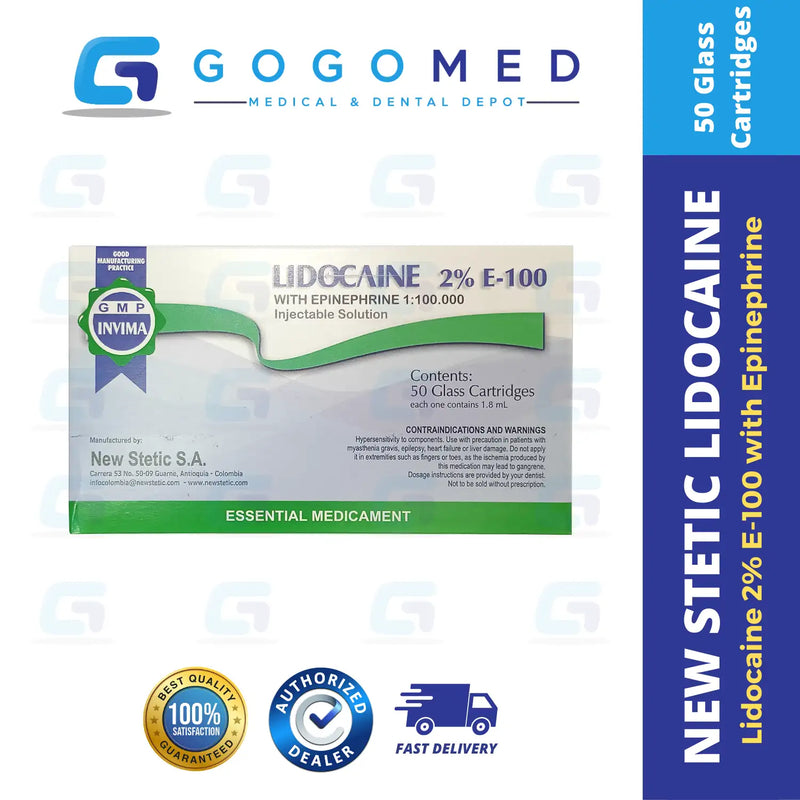 New Stetic Lidocaine 2% E-100 With Epinephrine 1:100,000 1 Box (50 Glass Cartridges)