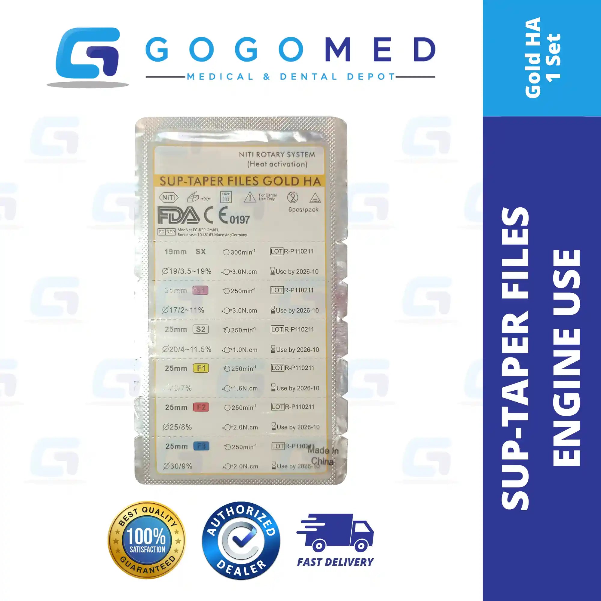 Gold Super Taper Files 6pcs Assorted Engine Use Niti Size 19-25mm (ROTARY FILES)